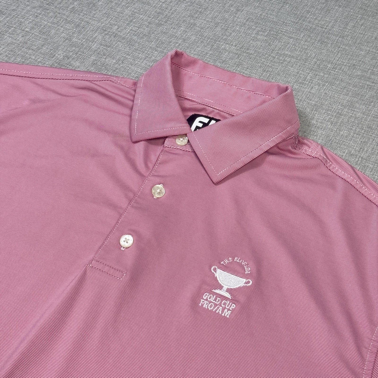 Footjoy Golf Polo Shirt Mens Large Pink Polyester Striped Moisture Wicking